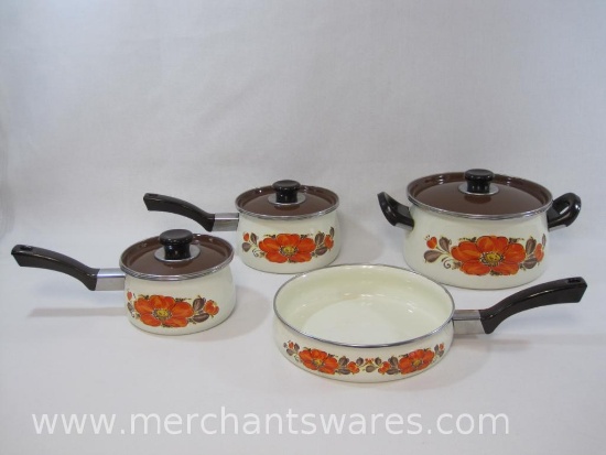 Vintage Sanko Ware Covered Enamel Cookware, Dutch Oven, Sauce Pan, Fry Pan and more