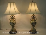 Pair of Ceramic Table Lamps with Cast Brass Base and Gold Leaf Accent, with Shades, approx 32 inches