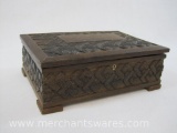 Carved Wood Trinket Box with Contents, Lapel Pins, Beaded Pins and more, No Key