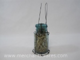 Mason Ideal Blue Glass Wire Bail Top Canning Jar with Wire Jar Carrier