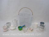 White Wire Basket with Kitchen Supplies, Porcelain Creamer and Sugar Bowl, Coffee Cups and more