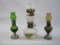 Three Oil Lamps , 2 Colored Glass Finger Lamps and 1 Milk Glass