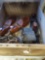 Wooden Crate, Marked Net Weight 40 Pounds, with Miniature Queen Cast Iron Stove, Wooden Shoe