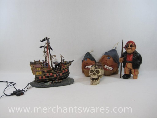 Pirate Theme Decorative Items includes Working Lemax Animated Pirate Ship, Needs Cosmetic Repair,