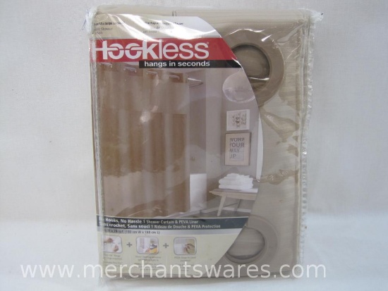 Hookless Fabric Shower Curtain and PEVA Liner, Taupe Mini Stripe Jacquard, New in Zip Package