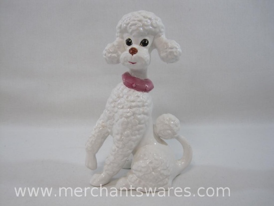 Signed White Ceramic Sitting Poodle Dog Figurine, Approx 11 inches Tall