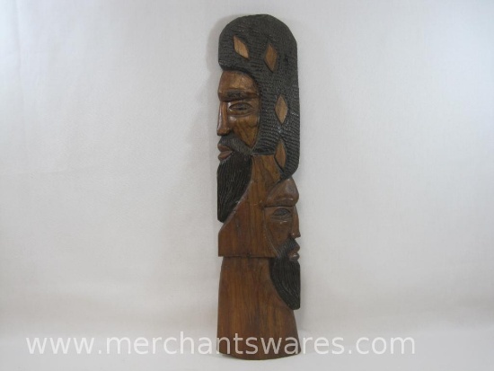 Hand Carved Wood Two Face Wall Art, approx 26.5 inches Tall