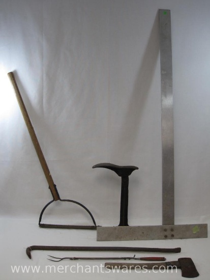 Tool Assortment includes Warranted Cast Iron Cobblers Anvil, 30" Goose Neck Wrecking Bar, Weed