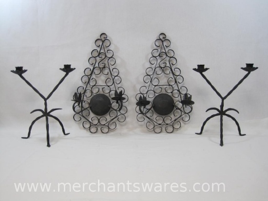 Four Black Metal Double Candle Holders, 2 Table Top, 2 Wall Hanging