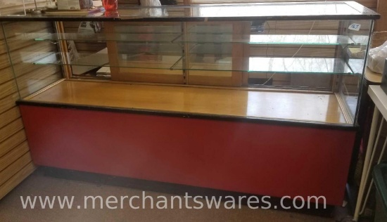 Red, Black, Glass and Solid Wood Display Cabinet, Glass Shelves, Six Drawers for Storage, measures