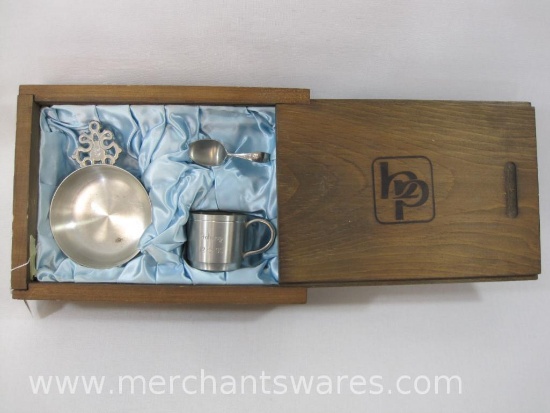 BP Hampshire Pewter Child's Dish Set, Monogramed, in Wood Storage Box