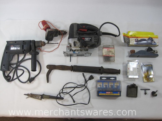 Tool Assortment includes Porter Cable PC600JS Jig Saw, Bridgeport Steel No. 56 Suregrip Nail Puller,