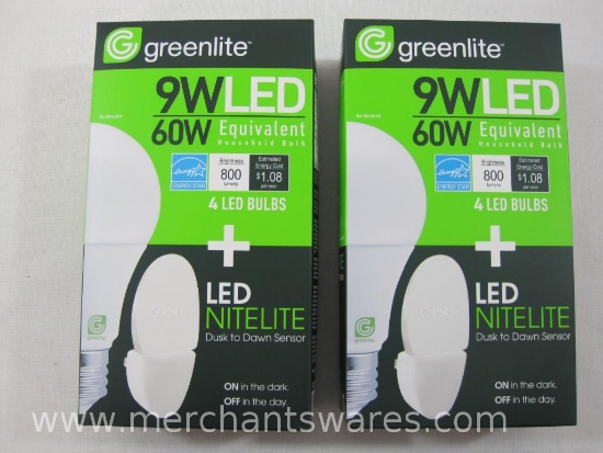 Two 4 Packs Greenlite 9W LED Bulbs, 60 W Equivalent, Each with LED Nitelite