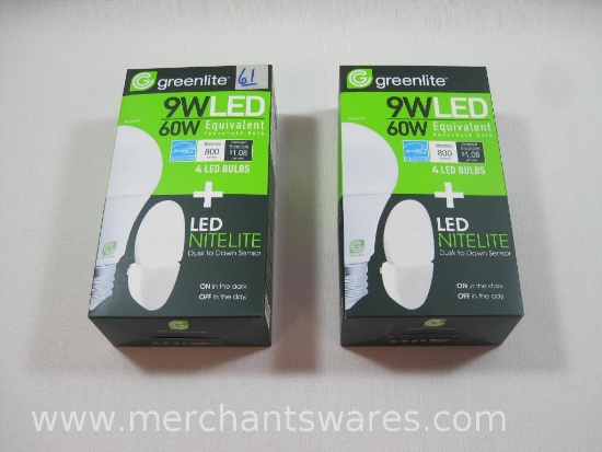 Two 4 Packs Greenlite 9W LED Bulbs, 60 W Equivalent, Each with LED Nitelite