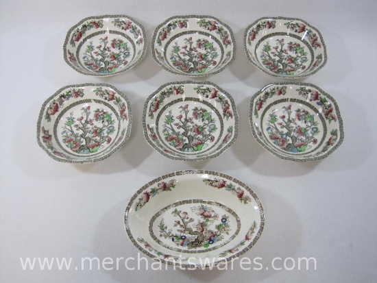 Johnson Bros England Indian Tree China, six 7 1/8" Square Soup Bowls and one 9" Oval Vegetable