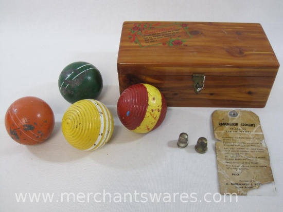 Ceder Wood Sweetheart Trinket Box with 4 Croquet Balls and a Thimble