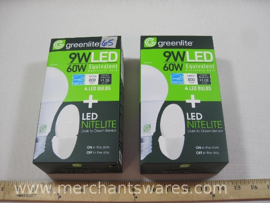 Two 4 Packs Greenlite 9W LED Bulbs, 60 W Equivalent, Each with LED Nitelite
