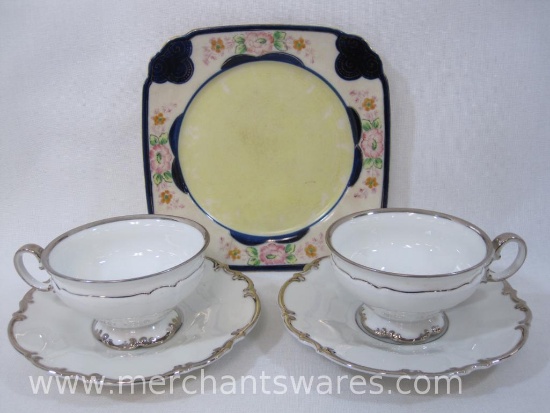 Two Hutschenreuther China Sylvia Pattern Cups and Saucers with Moriyama Square Plate