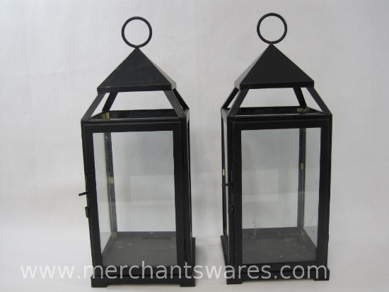 Pair of Square Black Metal Candle Lanterns, approx 19 inches Tall