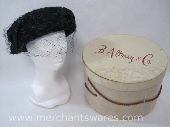 Black Weave Women's Round Brimmed Hat with Veil in B A Altman & Co. Hat Box, Size 22.5
