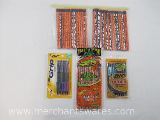 Pencil Assortment, No. 2 Lead Bic Grip Mechanical Pencils, Pentech Halloween Pencils and others