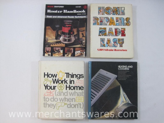 Four Home Repair Books includes Home Repairs Made Easy, Heating and Cooling, Router Handbook and