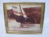 Sailboat Photograph in Gold tone Metal Frame, approx 9.25 x 11.25 inches