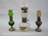 Three Oil Lamps , 2 Colored Glass Finger Lamps and 1 Milk Glass