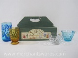 Wood Seed Box with 2 Bubble Cups, Amber Parfait and Cobalt Rainflower Glasses