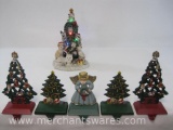 Christmas Items Including Table Top Light-up Cat Tree, 5 Midwest Imports Cast Iron Stocking Holders