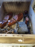 Wooden Crate, Marked Net Weight 40 Pounds, with Miniature Queen Cast Iron Stove, Wooden Shoe