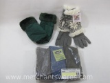 Outerwear includes Three Pairs Merino Wool Blend Boot Socks, Med, Muk Luks Sherpa Cuff Knit Gloves,