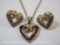 Gold Tone Sterling Silver Heart Earrings and Pendant with Rubies, The Danbury Mint, 8.4 g