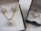 Gold Tone and Faux Pearl/CZ Necklace, Earring and Ring (size 6.5)