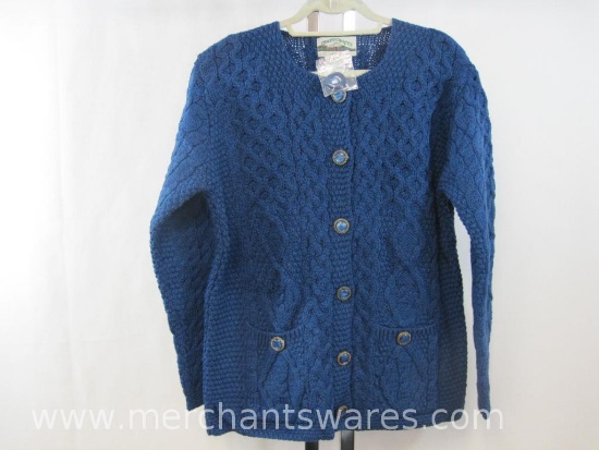 Aran Crafts Ireland 100% Merino Wool Button Front Cable Knit Cardigan, Royal Blue, Size: Med, 1 lb 7