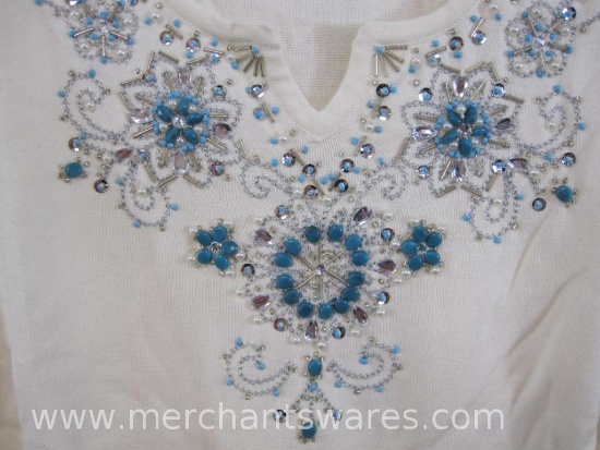 Quacker Factory Ivory with Simulated Turquoise Necklace 3/4 Sleeve Sweater, Size: Large, 14 oz