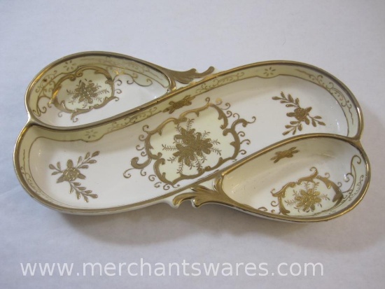 Vintage Japan Moriyama Mori-Machi Divided Dish with Raised Gold Pattern, made in Japan, 14 oz