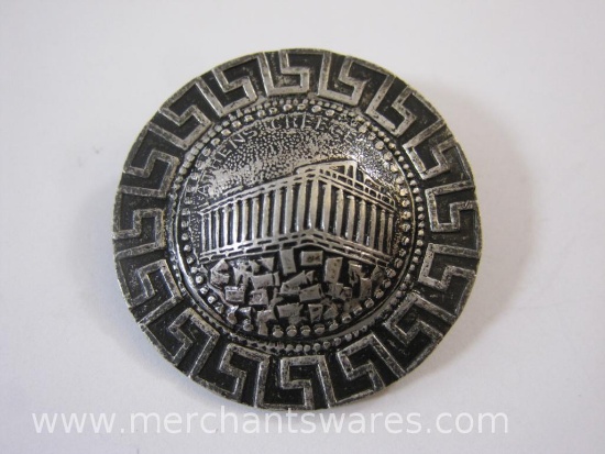 Silver Athens Greece Parthenon Pin, marked, 4.9 g