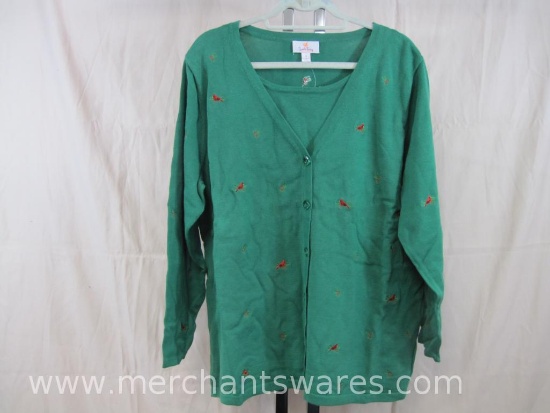 Quacker Factory Green Cardigan with Embroidered Cardinals, Size 1X, 12oz