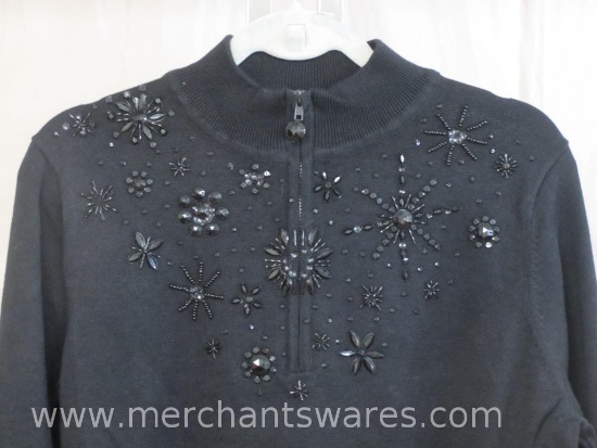 Black Quacker Factory Cardigan with Dazzle Design and Zipper Neck, Size Large
