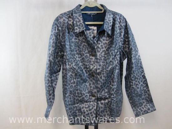 Susan Graver Style Teal/Silver Animal Print Button Front Lined Over Shirt, Size: XL, 12 oz