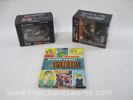 Three Loot Crate Items Includes Halo Screen Shots ODST Buck Figure, BattleStar Galactica Cylon