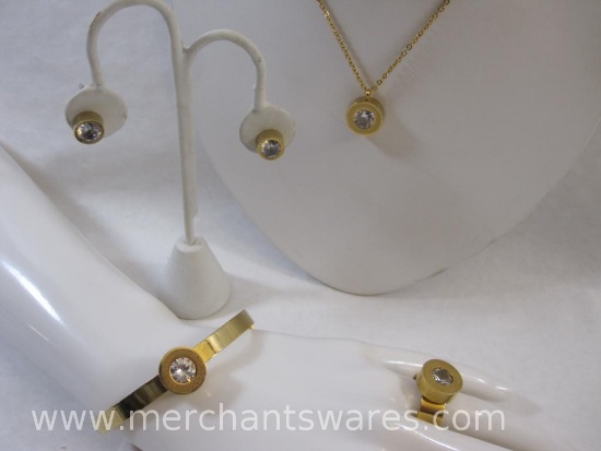 Gold Tone CZ Jewelry Set with Earrings, Size 6.5 Ring, Hinged Bracelet and Necklace