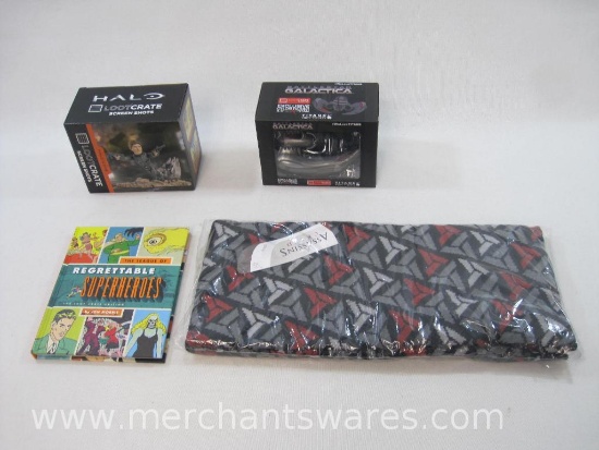 Four Loot Crate Items Includes Halo Screen Shots ODST Buck Figure, BattleStar Galactica Cylon Raider