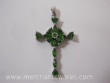 Sterling Silver JTV Cross Necklace with Green Gemstones, 2.0 g total weight