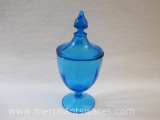 New Martinsville Glass Vintage Blue Glass Footed Candy Dish with Lid, 1 lb 4 oz