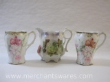 Three Vintage Flower Porcelain Items including German Creamer and 2 Prussian Cups, see pictures, 9
