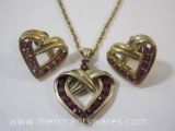 Gold Tone Sterling Silver Heart Earrings and Pendant with Rubies, The Danbury Mint, 8.4 g