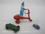 Roli Zoli Clown On Scooter Tin and Wind-Up Clown Tricycle and Two Metal Toy Cars 4oz
