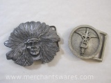 Two Vintage Belt Buckles including Bouwerie Lane Craft Guild Indian and BHS Solid Pewter Medical